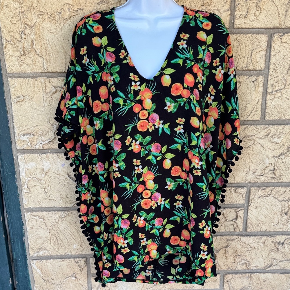 Floral Black Poncho with Pom Pom Trim Beach cover up